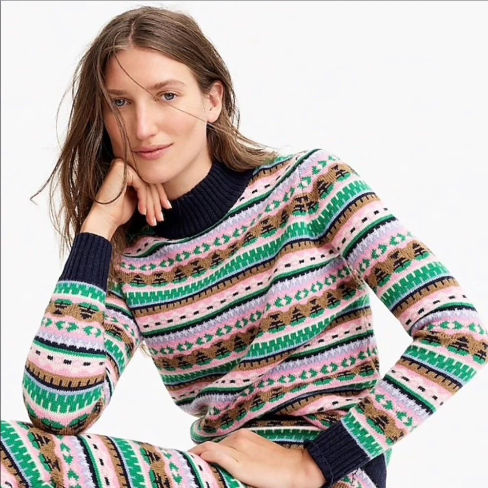 J. Crew Mockneck Fair Isle Lambswool Blend Sweater: Oatmeal Multicolor